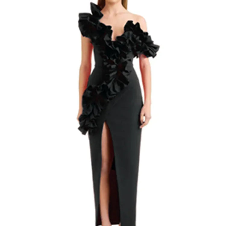 Women Celebrity Sexy Off Shoulder Ruffles Black Red Split Midi  Bodycon Bandage Dress 2024 Elegant Evening Club Party Outfit