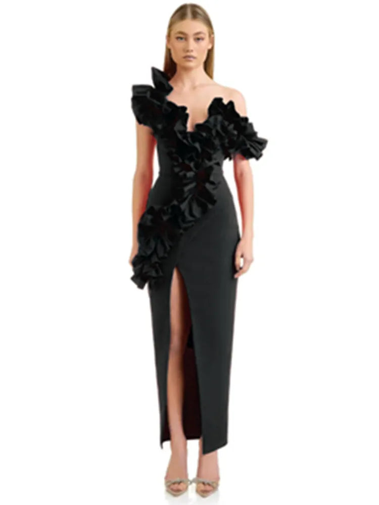 Women Celebrity Sexy Off Shoulder Ruffles Black Red Split Midi  Bodycon Bandage Dress 2024 Elegant Evening Club Party Outfit