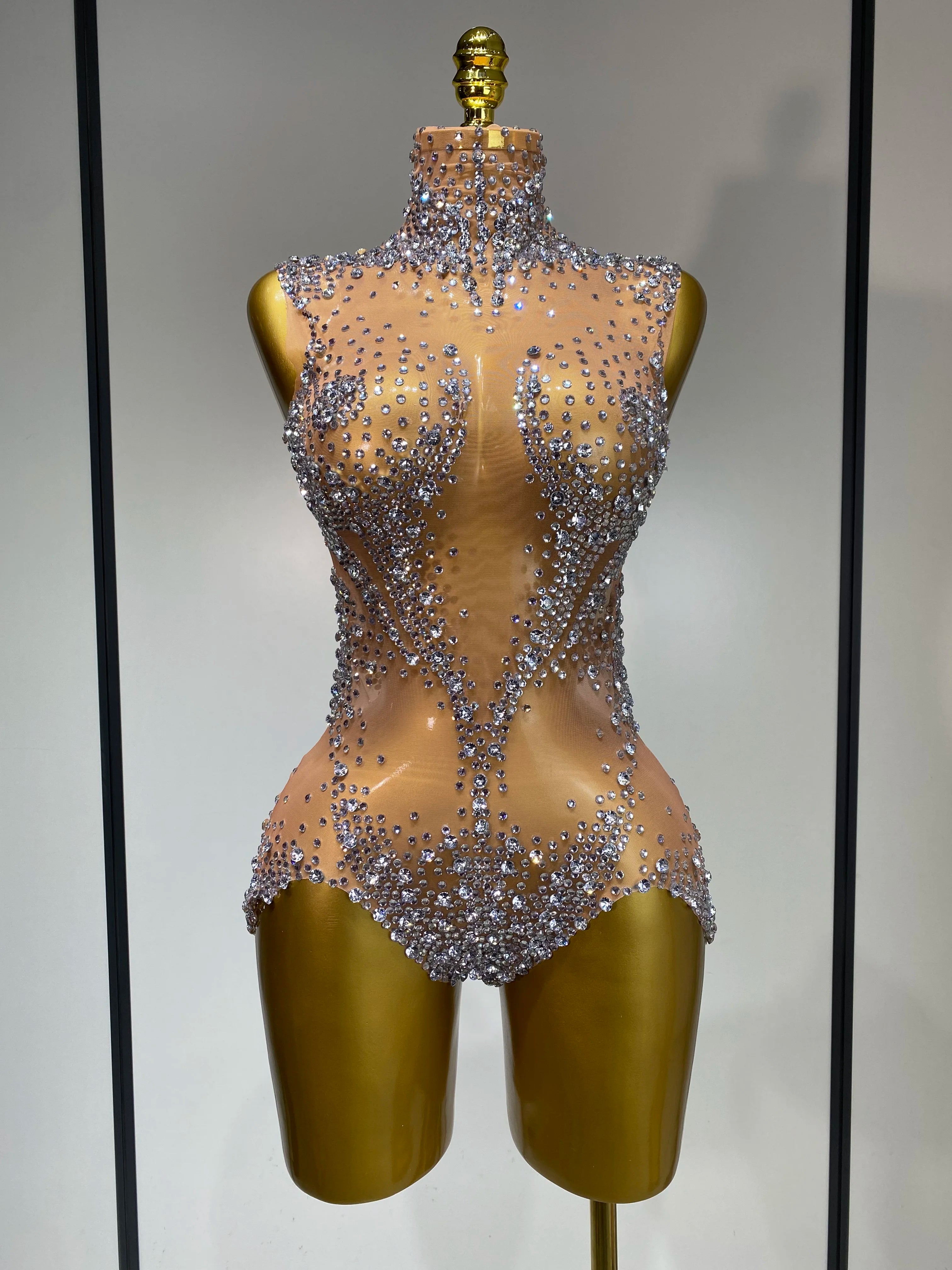 Women Sexy See Through Crystal Bodysuits Luxury Birthday Dancer Stage Performance Wear Mesh Sparkly Rhinestone Nightclub Outfit