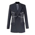 Fashion Trend Jacket Diamond Pattern Lapel Double-breasted Waist Mid-length Blazer Women coat black