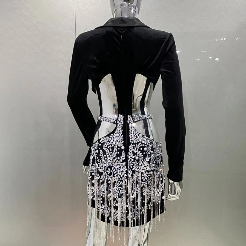 TWOTWINSTYLE Slimming Hollow Out Spliced Diamond Luxurious Dresses for Women Lapel Long Sleeve Patchwork Tassels Dress Female