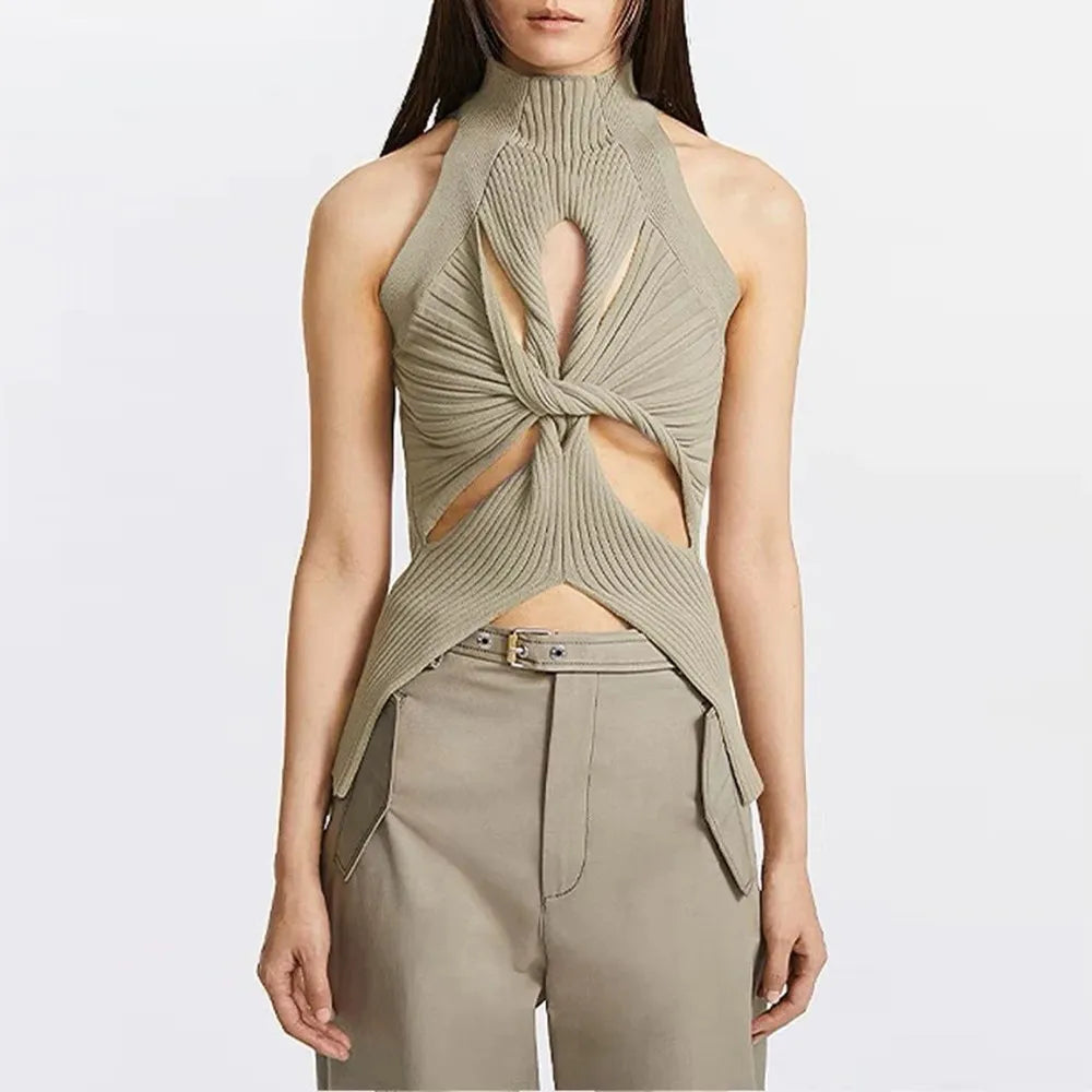 TWOTWINSTYLE Solid Hollow Out Knitting Tank Tops For Women Turtleneck Sleeveless Off Shoulder Slim Vests Female Fashion Clothing