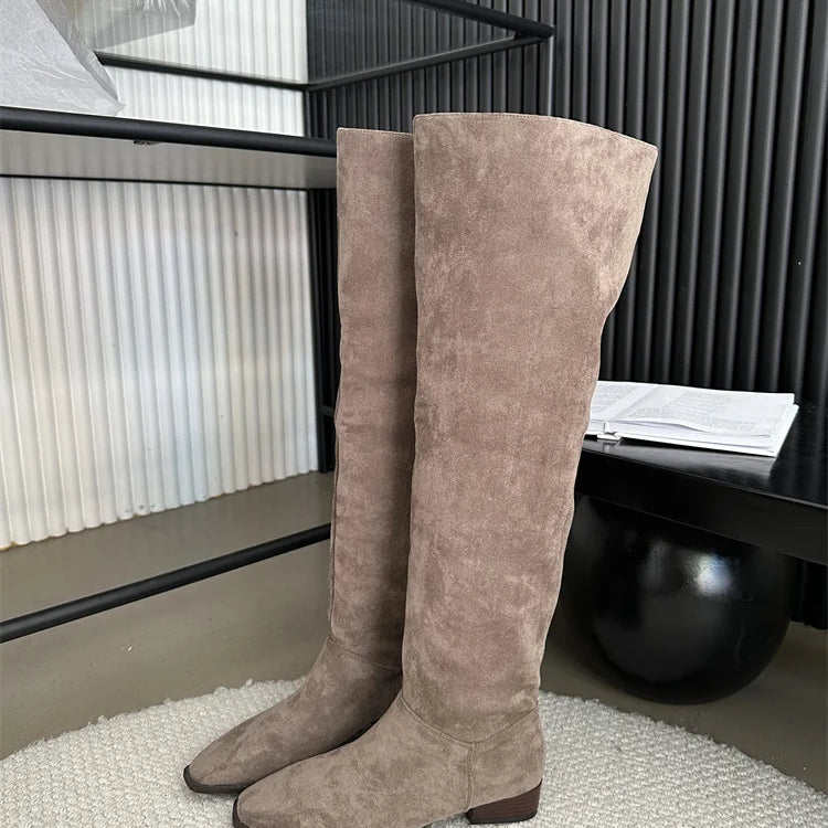 Low Heel Pleated Boots Autumn Winter New Square Head Knee Length Long Boots Suede Women's Shoes Black Beige Green Gray GRAY