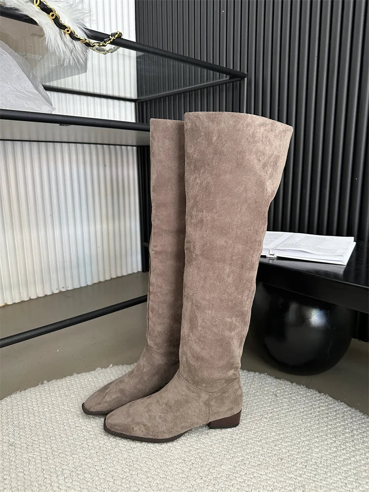 Low Heel Pleated Boots Autumn Winter New Square Head Knee Length Long Boots Suede Women's Shoes Black Beige Green Gray GRAY