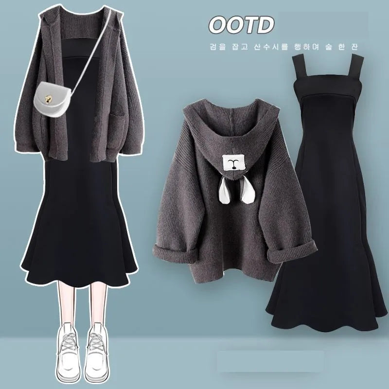 Autumn/Winter New Fashion Hooded Knit Sweater Dress Two Piece Suit Women's Korean Elegant Cardigan Strap Skirt Matching Set Set 02
