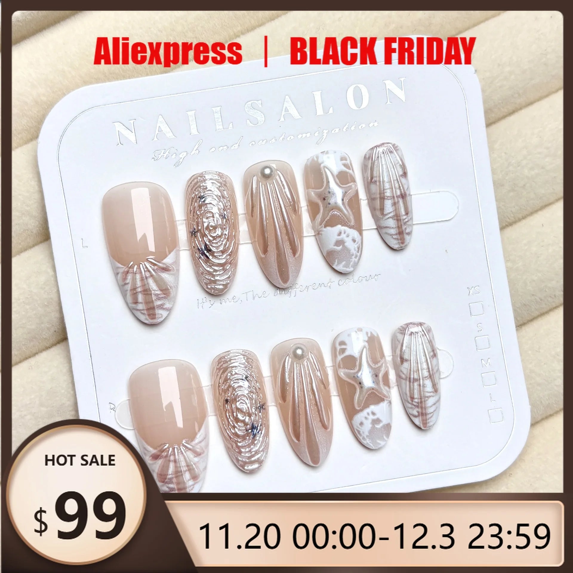 24pcs White Ocean Shell 3D Summer Press on Nails Starfish Fake Nails Full Cover Wearable False Nails