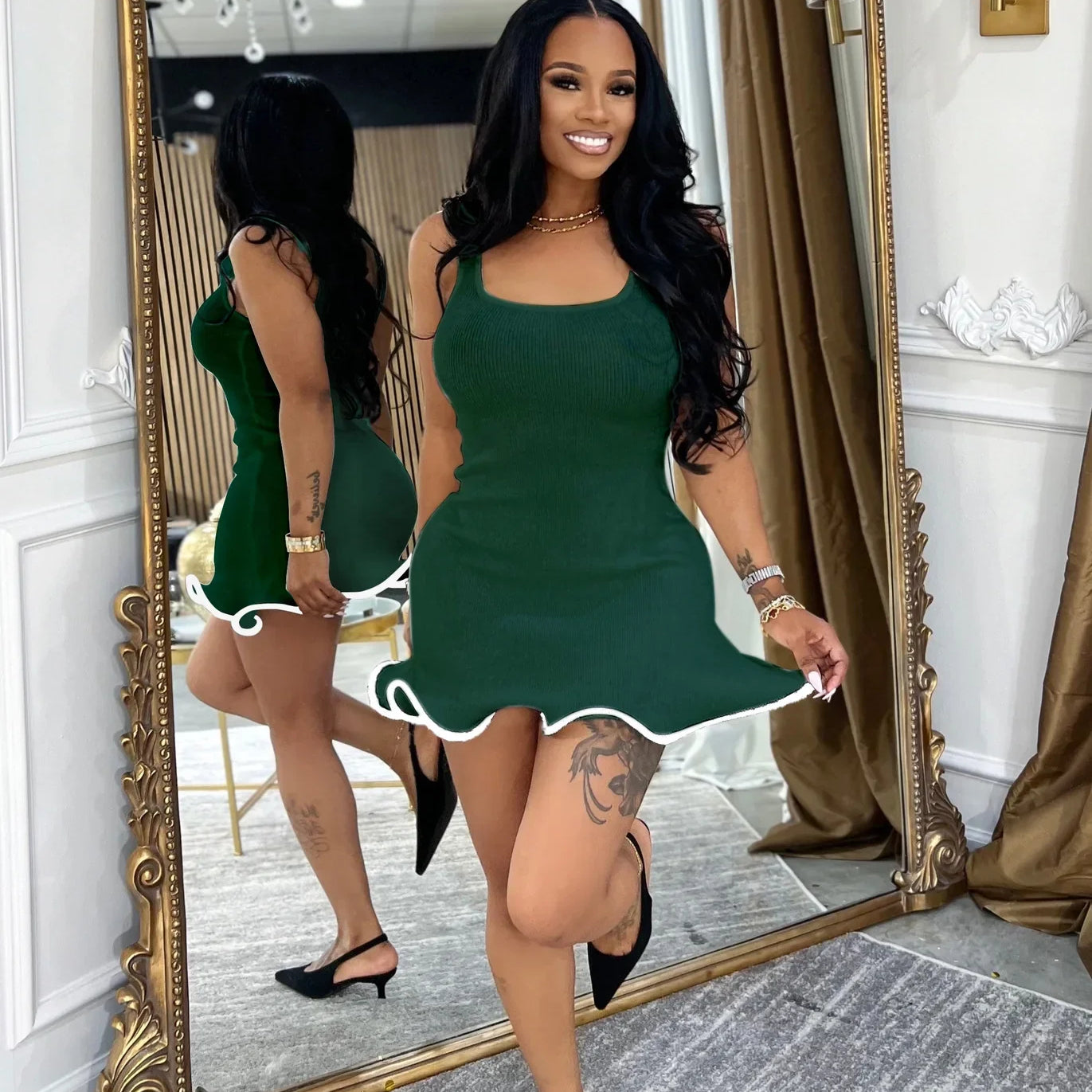 CM.YAYA Women Sleeveless O-neck Tank Mini Dress 2025 Summer Slim Sexy Sweet Club Party Evening High Street Ruffles Dresses Dark Green