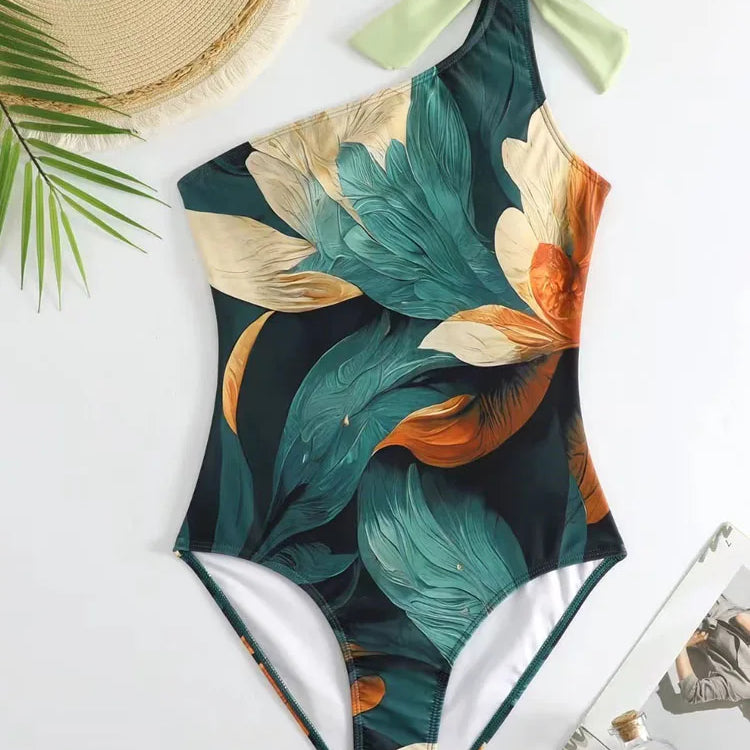 Sexy One Shoulder Printed Swimwear Women 2023 Vintage High Waisted One Piece Swimsuit with Cover Up for Beach Vacation, Swim