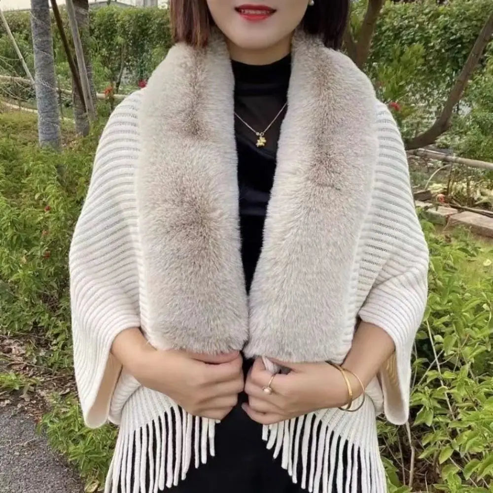 Knitting Thick Women's Loose Shawl with Faux Fur Collar for Evening Dresses Wedding Knitting Shawl Plush Wraps Cardigan Cape beige