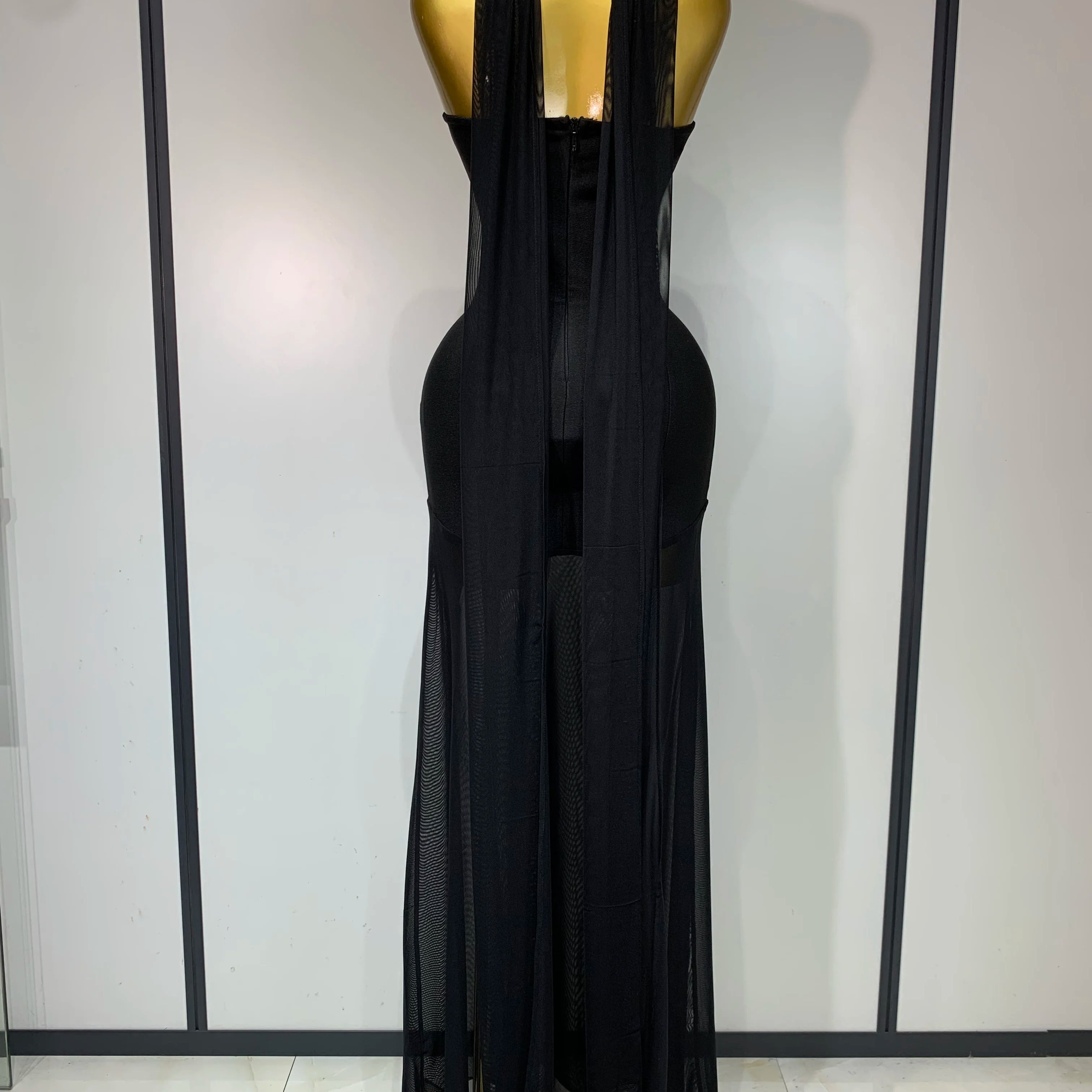 Sexy Strapless Long Bandage Dress Black Mesh Patchwork Elegant Women Blackless Evening Party Gowns Bodycon Birthday Dresses