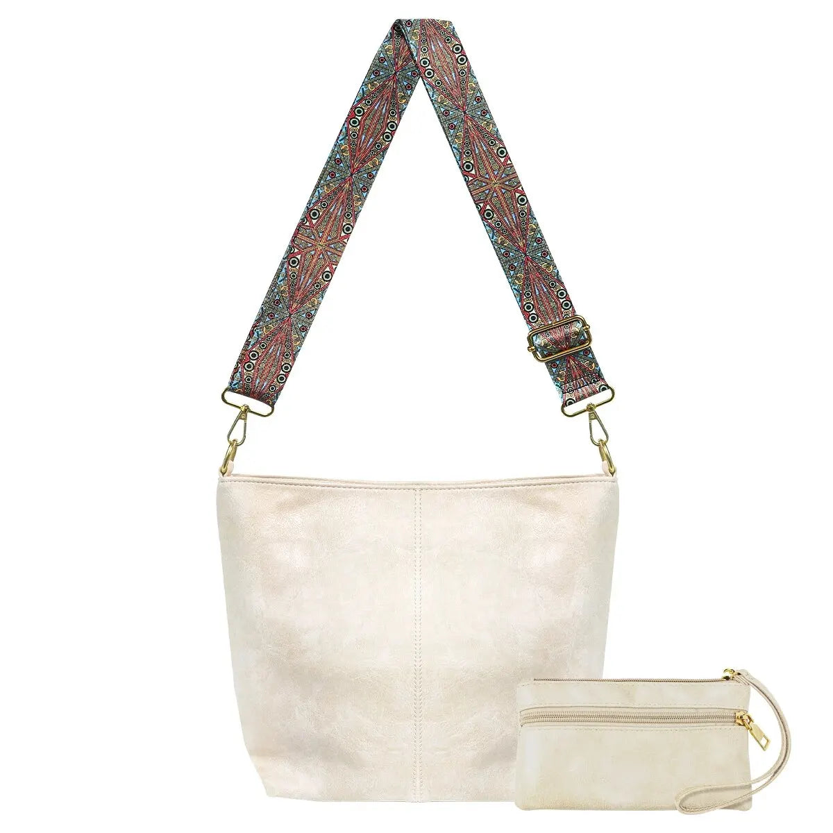 2PCS/Set Vintage Crossbody Bag with Purse Wide Bag Strap Hobo Bag Women Large Capacity Shoulder Bag for Work School Handbag SB257-Beige 01