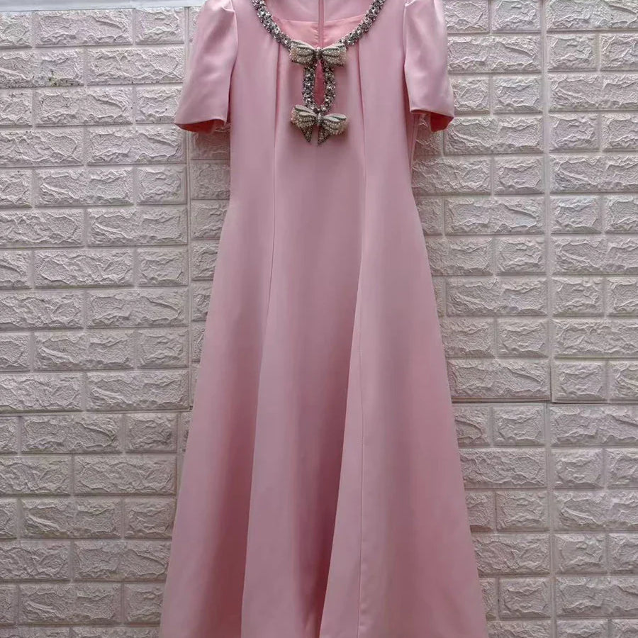 Solid Slimming Spliced Bowknot Elegant Dresses for Women Round Neck Short Sleeves Patchwork Bead Dress Female New