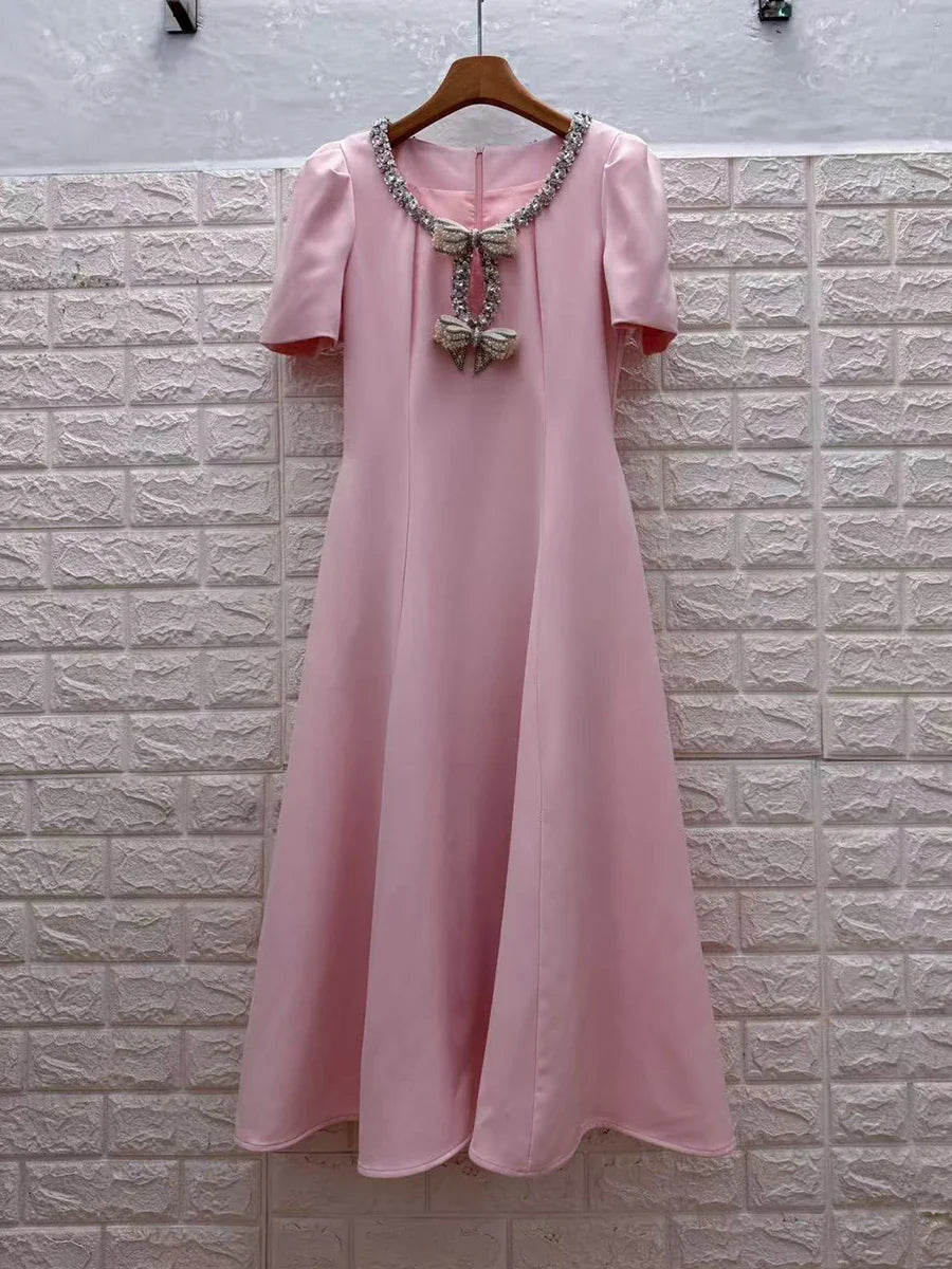 Solid Slimming Spliced Bowknot Elegant Dresses for Women Round Neck Short Sleeves Patchwork Bead Dress Female New