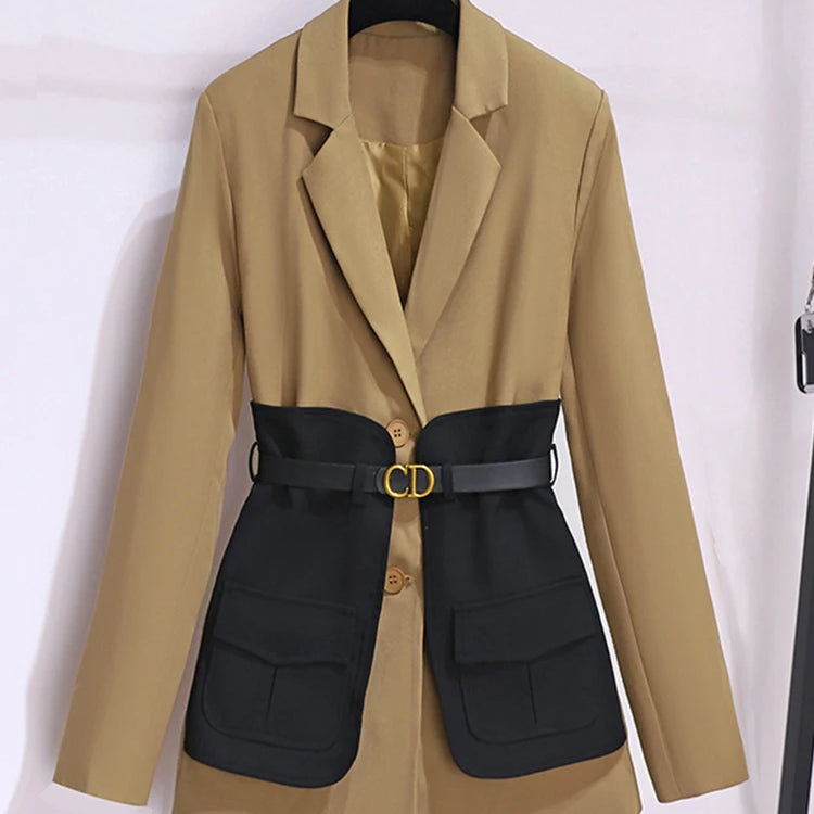 Autumn Winter Blazer For Women Patchwork Color Korean Fashion Design Casual Coat And Jacket Women With Belt Outwears