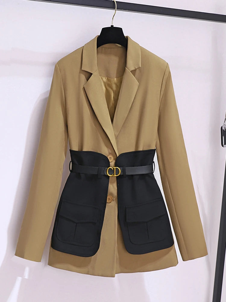 Autumn Winter Blazer For Women Patchwork Color Korean Fashion Design Casual Coat And Jacket Women With Belt Outwears