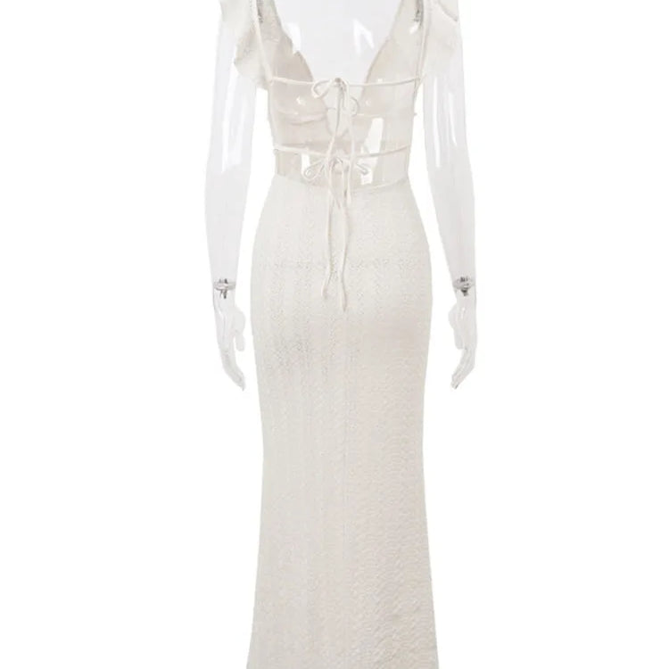 TARUXY Deep V Neck Sexy Dresses Women Sleeveless Slim High Waist Long Dress Femme Elegant Holiday Knitted Beach Dress Woman 2024