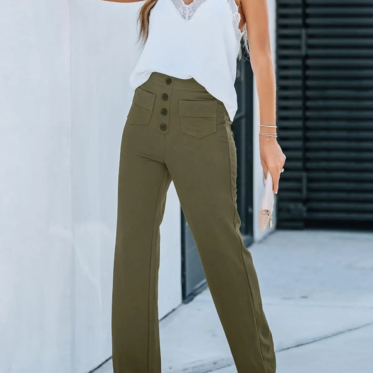 Women's High-waisted Elastic Casual Trousers Fashionable Casual Straight-leg Pants Buttoned Elegant Casual Pants green