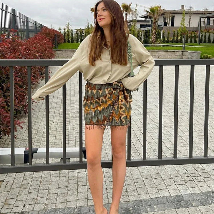 Summer New Vintage Geometric Print Mini Skirt Side Knotted Sarong Beaded Fringe Wrap Vestidos Casual Zip Short Skort Mujer