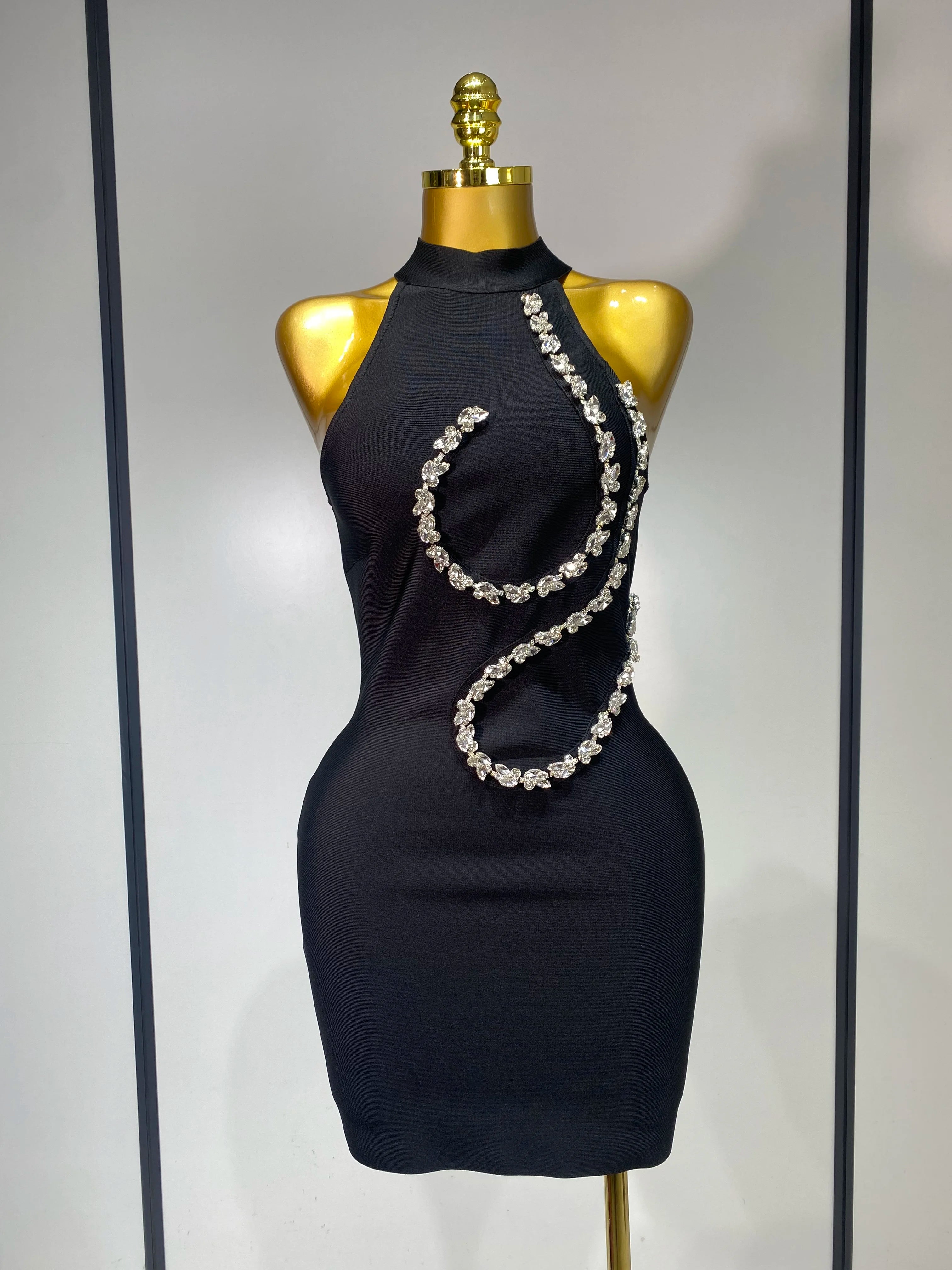 Women Sexy High Neck Shinning Crystal Bodycon Mini Bandage Dress Nightclub Party Luxury Birthday Elegant Celebrity Evening Dress