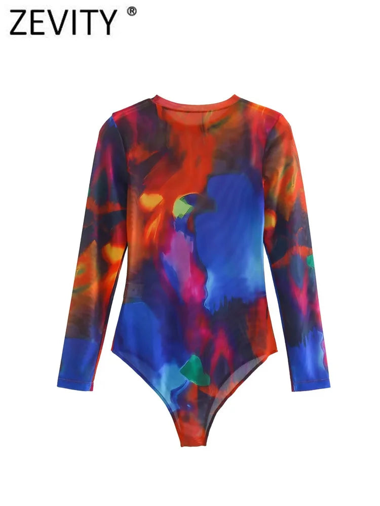 Zevity Women Vintage Ink Painting Graffiti Print Mesh Yarn Slim Bodysuits Ladies Sexy Perspective Playsuits Mujer Rompers LS2633