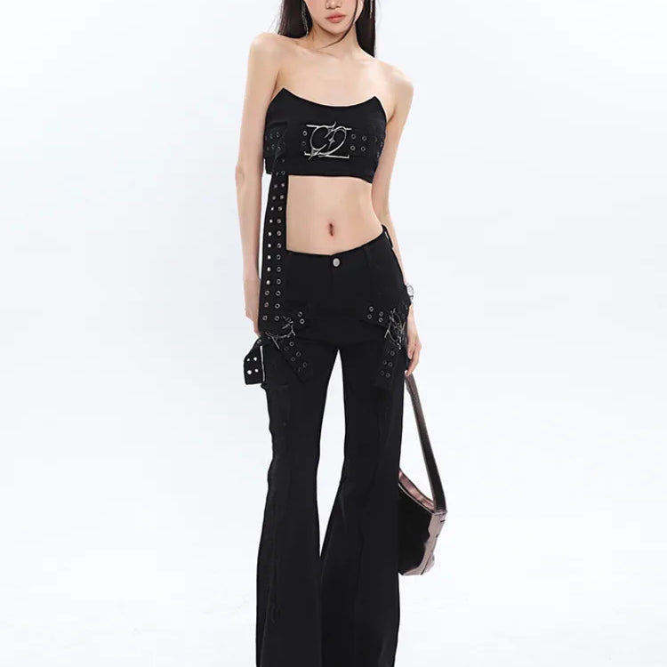 SHENGPALAE Fashion Women's Denim 3 Piece Sets Metal Design Fishbone Strapless Belt Mini Skirt Flare Jeans Summer 2023 New 5R5066