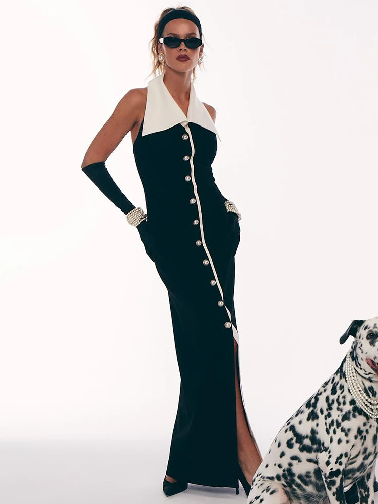 VC Formal Pearl Button Pleat A-line Black Midi Dress Color Contrasting Turndown Collar Single Breasted Party Evening Gowns