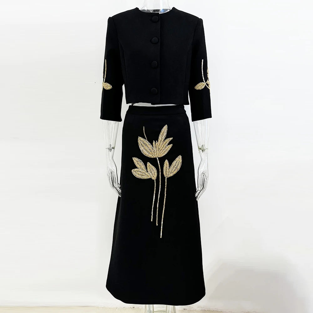 TWOTWINSTYLE Colorblock Chic Two Piece Sets For Women O Neck Half Sleeve Coat High Waist Skirt Elegant Set Female Fashion Style