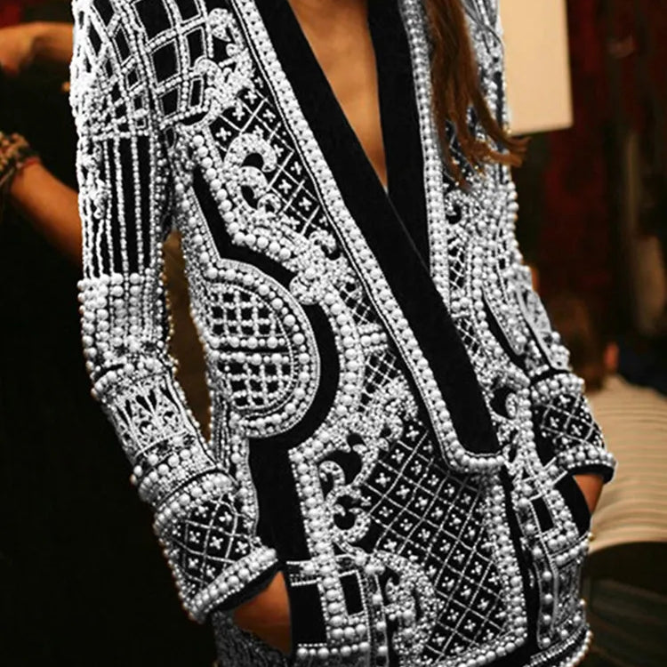 Stylish Designer Jacket Women's V-neck Long Sleeve Luxurious Metallic Beaded Long Blazer