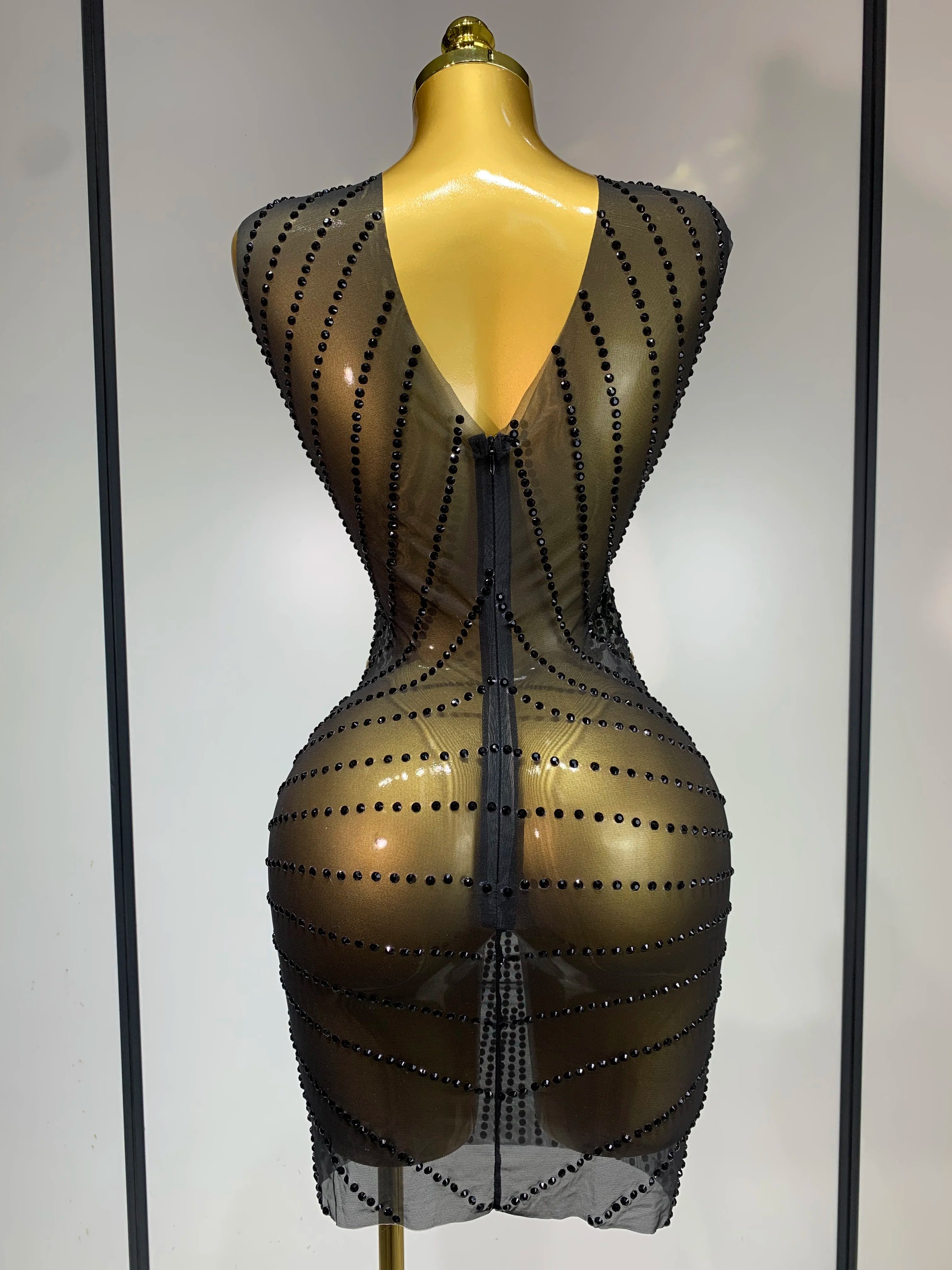 Sparkly Gold Rhinestone Transparent Sleeveless Mini Dress Evening Birthday Celebrate Party Nightclub Dance Performance Outfit