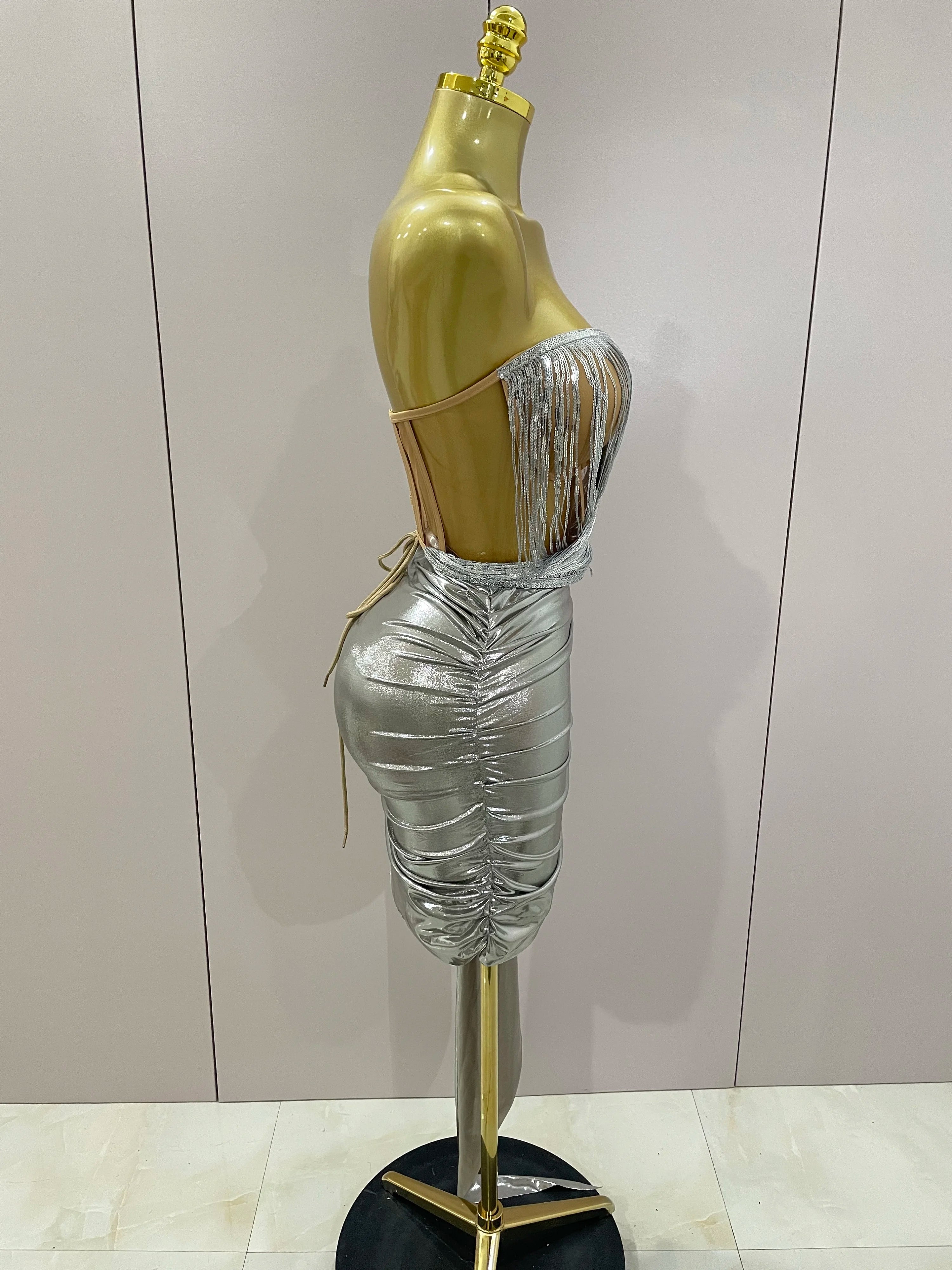 STOCK 2025 New Sexy Strapless Sequin Top Short Skirt 2 pcs Set Women Party Celebrate Nightclub Singer Performance Stage Outfit