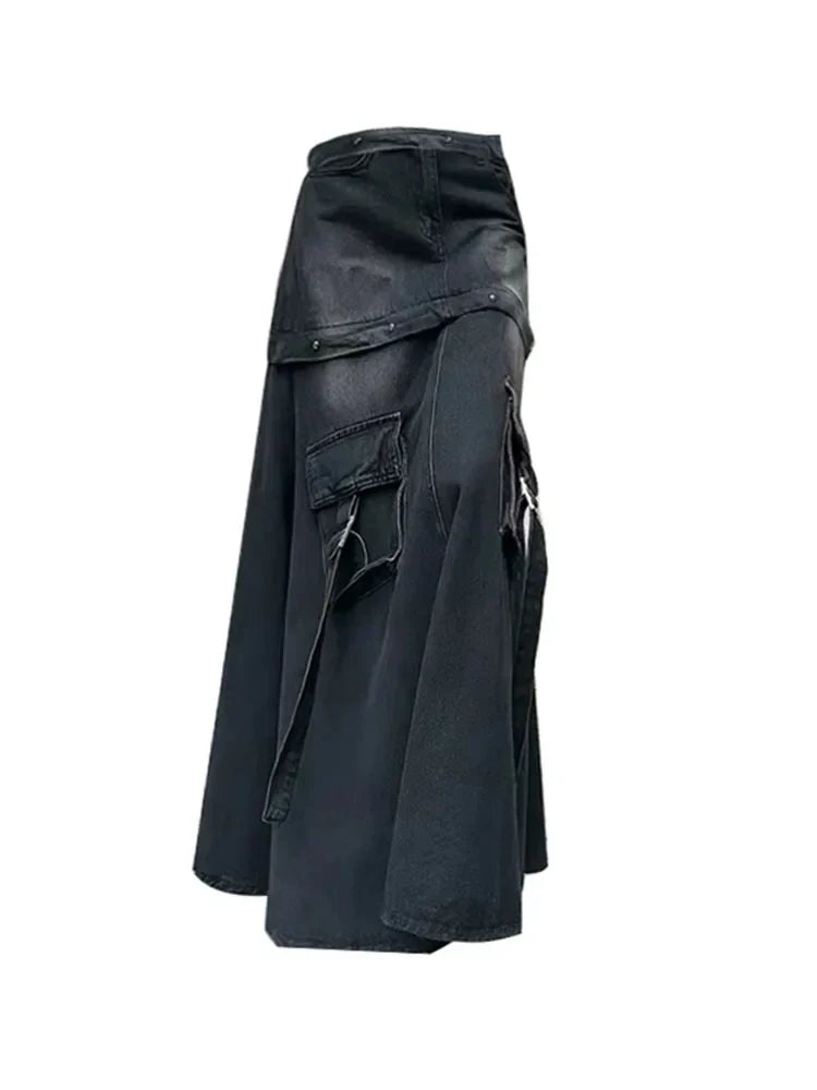 High Quality Black Denim Skirt Thin Office Lady Vintage Fashion Pockets Autumn Winter High Waist A-Line Skirt New Design Gothic Black