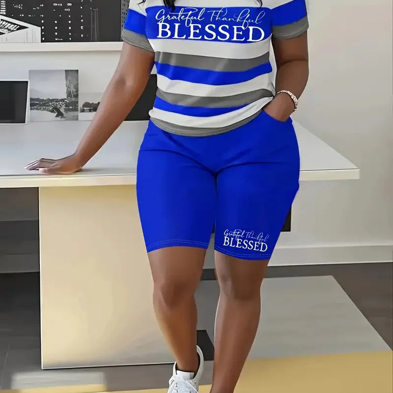 Plus Size Summer Outfits Biker Shorts Set Crew Neck Short Sleeve Positioning Printing Queen Plus Size 2 Piece Set Women