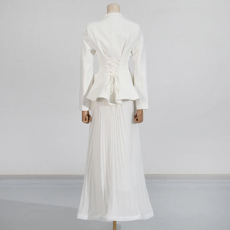 TWOTWINSTYLE Solid Two Piece Sets for Women V Neck Ling Sleeves Spliced Applique Top High Waist Patchwork Folds Skirt Set Female