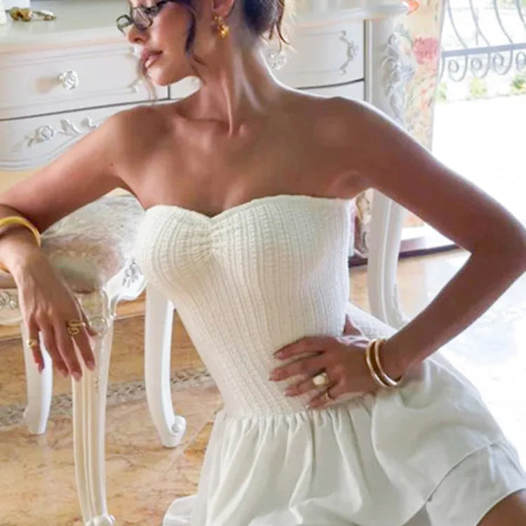 Off-shoulder Strapless Sexy Mini Dress For Women White Spaghetti Strap Sleeveless High Waist A-line Cake Dress Vestido