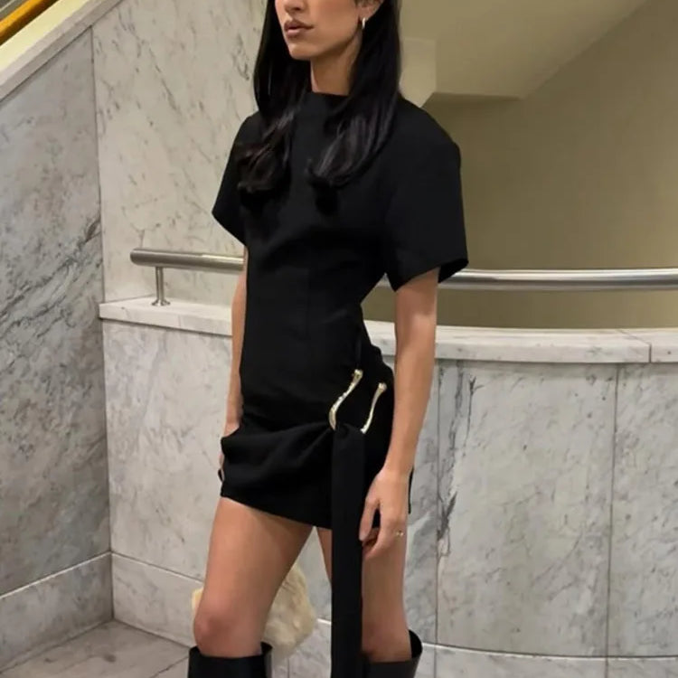 Short Sleeve Draped Sexy Mini Dress For Women Black Metal Buckle O Neck High Waist Bodycon Club Dress Vestido Clothes