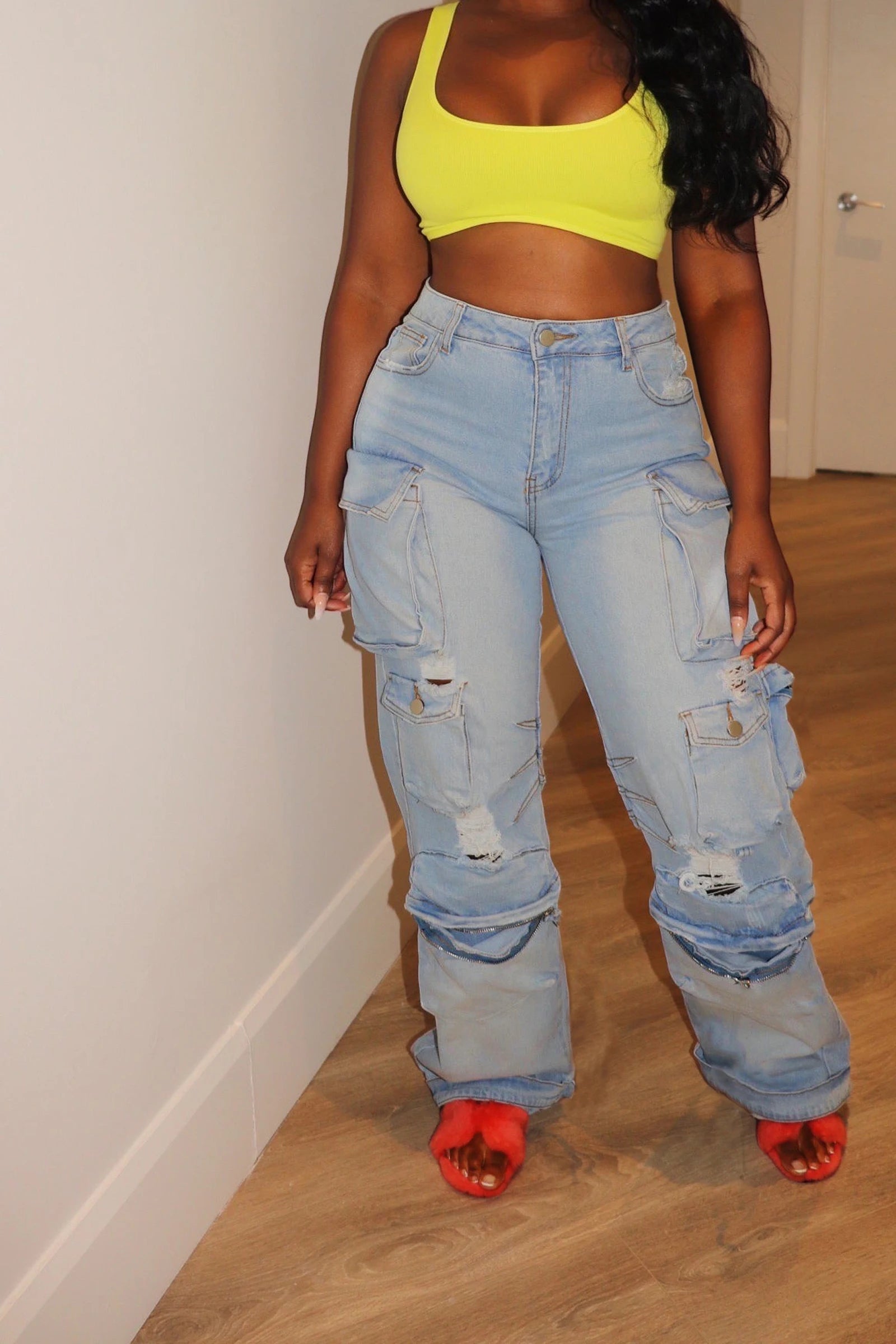 Autumn and winter plus size women's Y2K style cargo multi-pocket loose straight-leg ripped casual mopping jeans