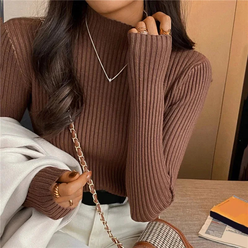 Elegant Solid Basic Knitted Tops Women Turtlneck Sweater Long Sleeve Casual Slim Pullover Korean Fashion Simple Chic Clothes