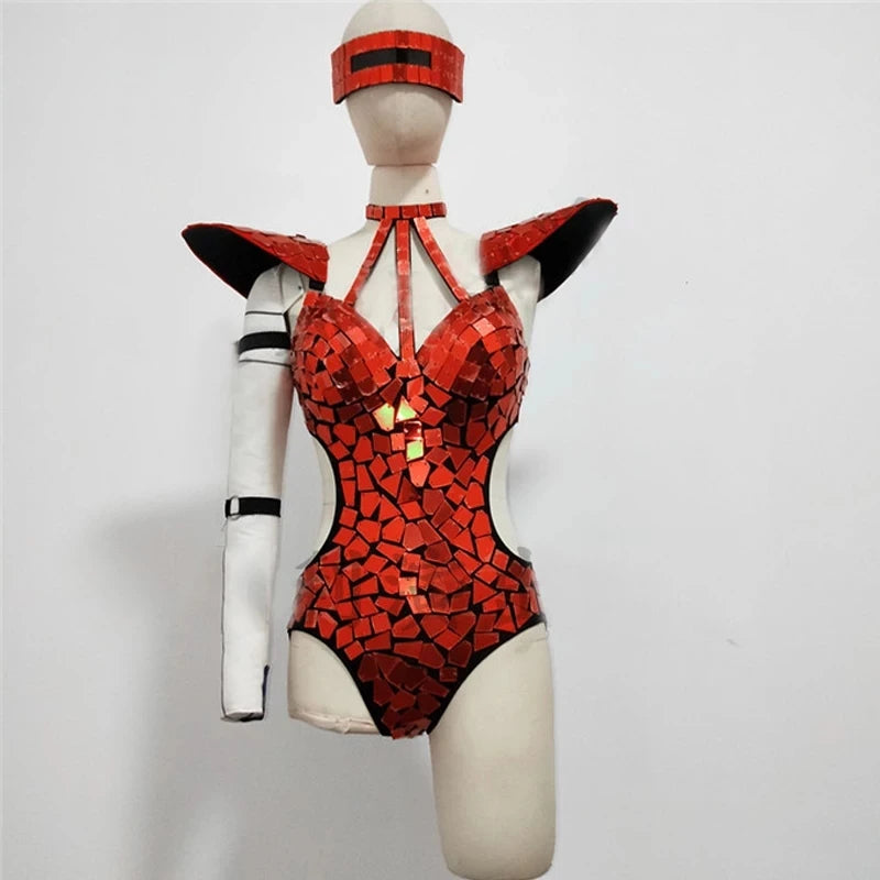 Mirror Bodysuit Women Dance Costume Gold Silver Sequins Fly Shoulder Hollow Out Rave Outfit Stage Performance Clothes Gogo Show Red