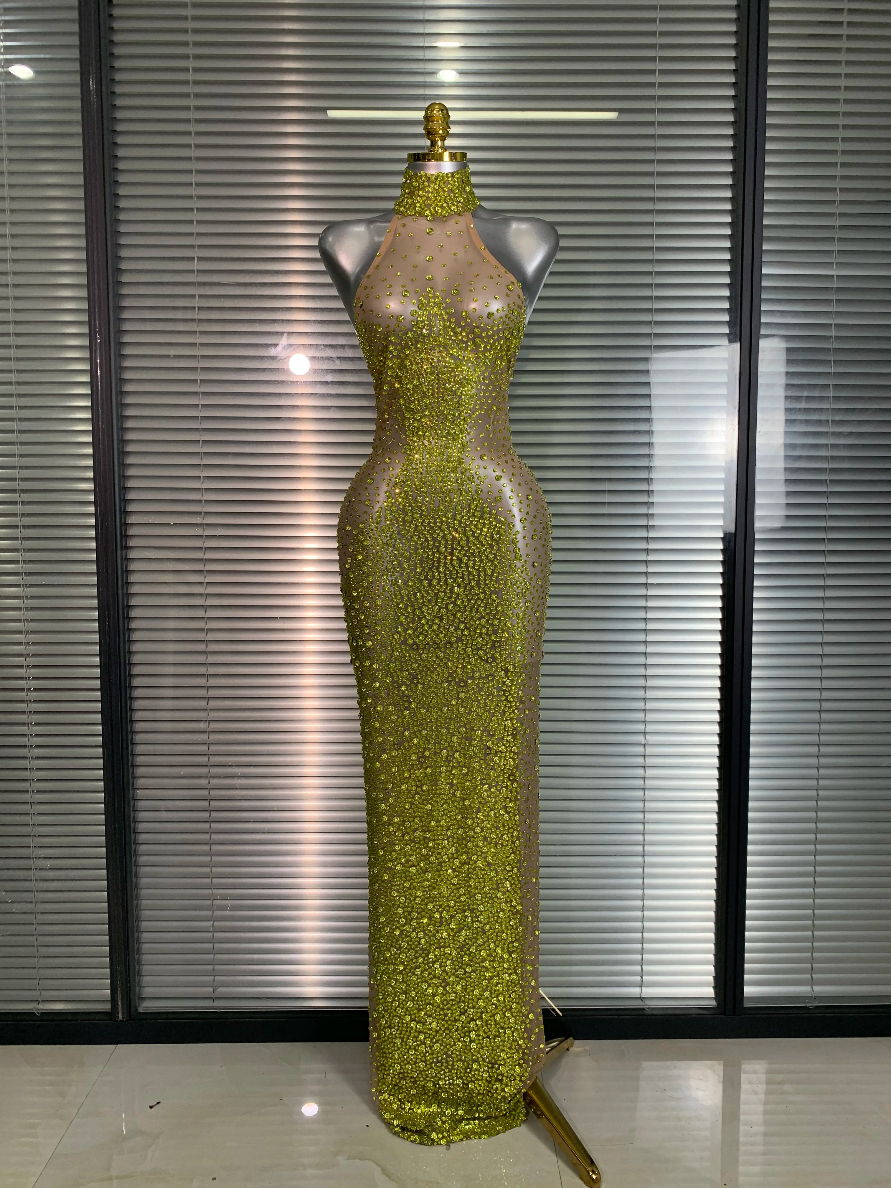 Women Sexy Mesh Crystal Diamonds Shinning Maxi Dress See Through Sheer Party Singer Stage Performance Costume