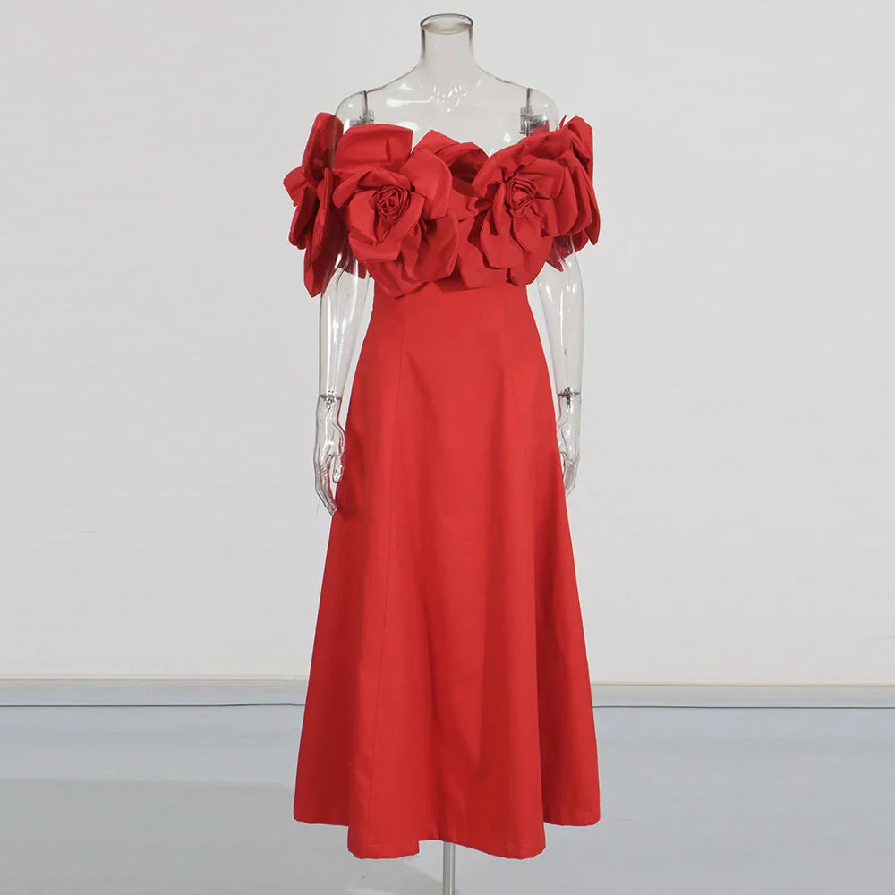 Solid Slimming Elegant Dresses for Women Strapless Off Shoulder Patchwork 3D Flowers Fashion Dress Female Clothing