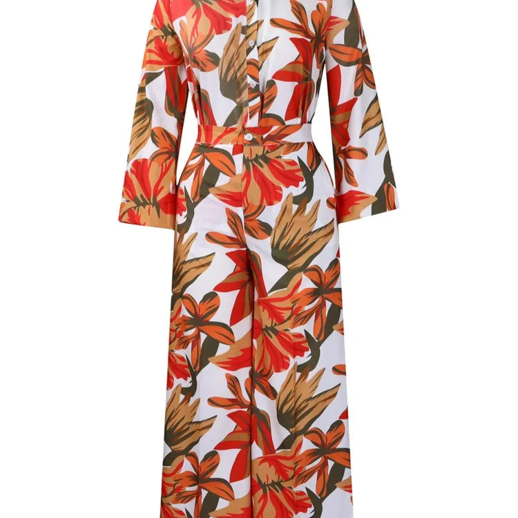 Plus Size Summer Flower Floral 2 Two Piece Set Women Bodycon Fashion Ladies Blouses Casual Loose High Waist Woman Wide Leg Pant