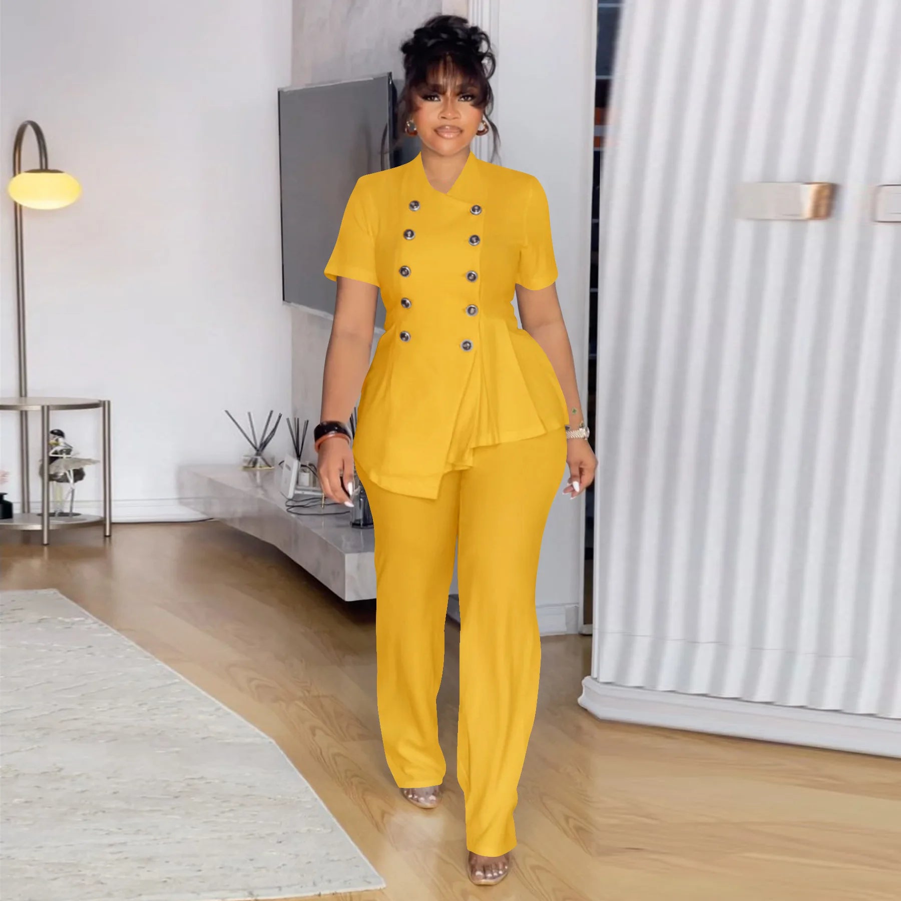 Plus Size Summer 2 Two Piece Set Women Irregular Ruffle Pleated Fashion Ladies Blouses Casual Bodycon Woman Pencil Pant