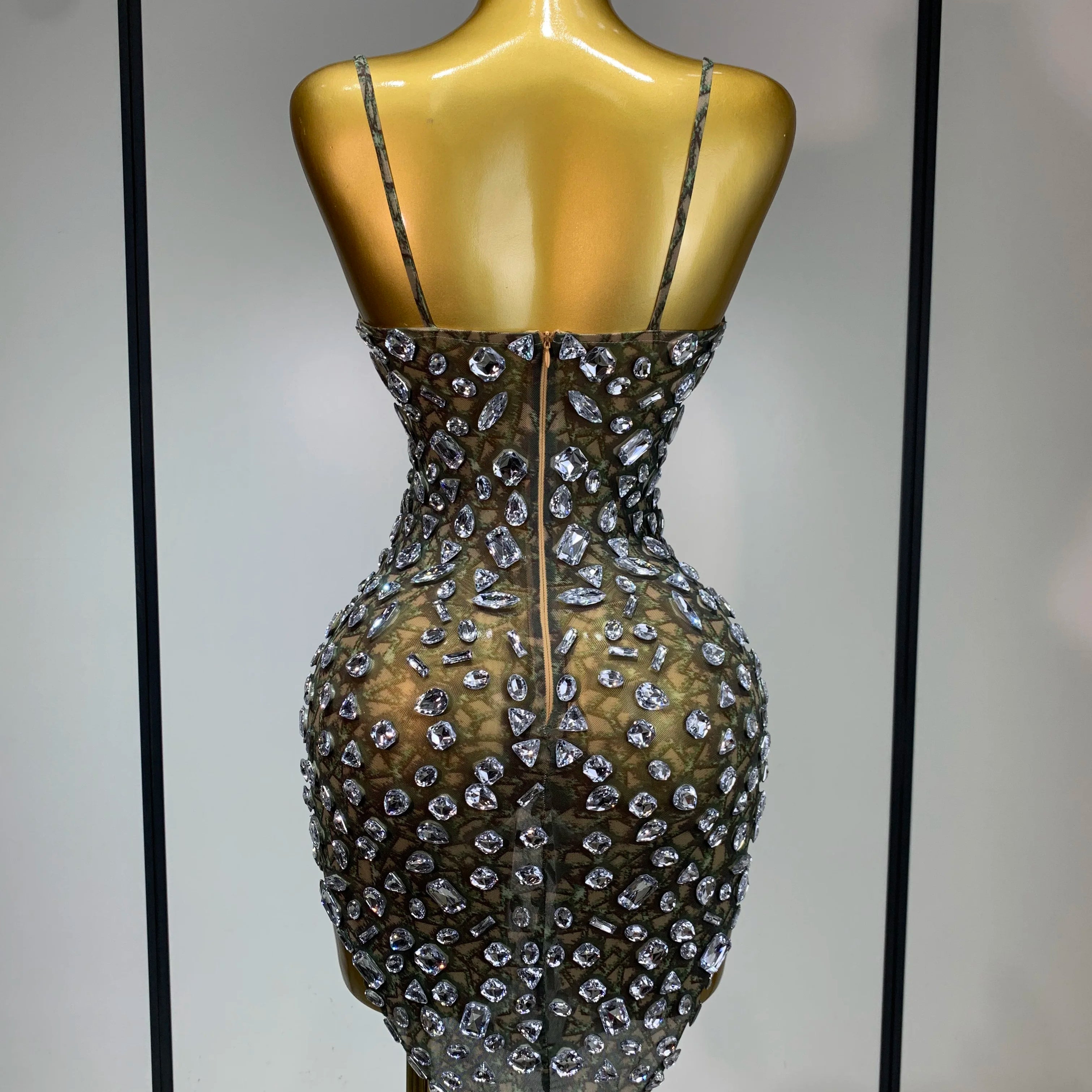 Luxury Diamond Mesh See Through Stretch Bodycon Dress Women Sexy Sleeveless Evening Party Birthday Celebrate Perform Costume