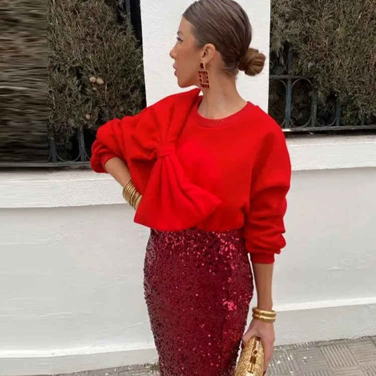 Bow O Neck Women Pullover Long Sleeve Solid Loose Female Tops Spring Fashion Casual All Match Lady Blouses