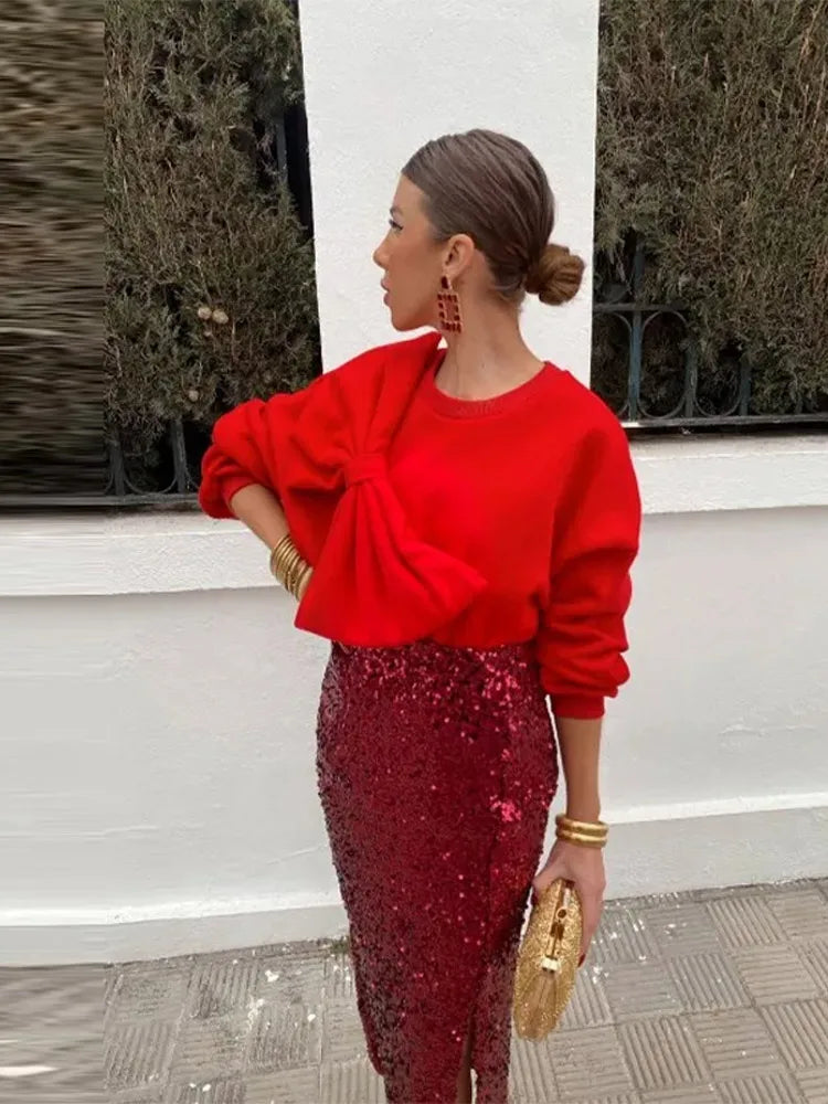 Bow O Neck Women Pullover Long Sleeve Solid Loose Female Tops Spring Fashion Casual All Match Lady Blouses