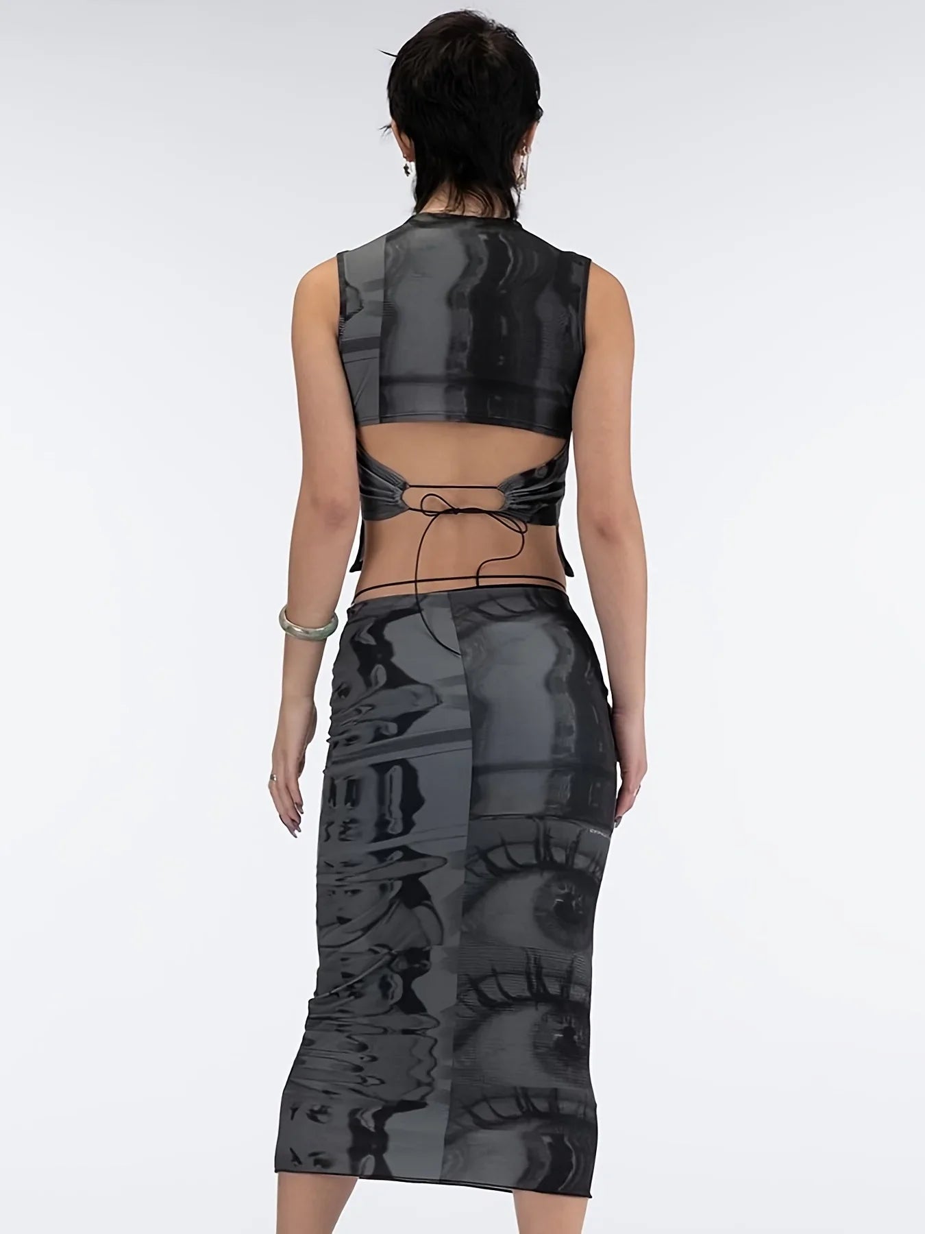 CHEEKDOURL Summer Fit Sexy Strap Design Fashion Round Neck Open Waist Sleeveless Printed Tank Top Women's Cropped