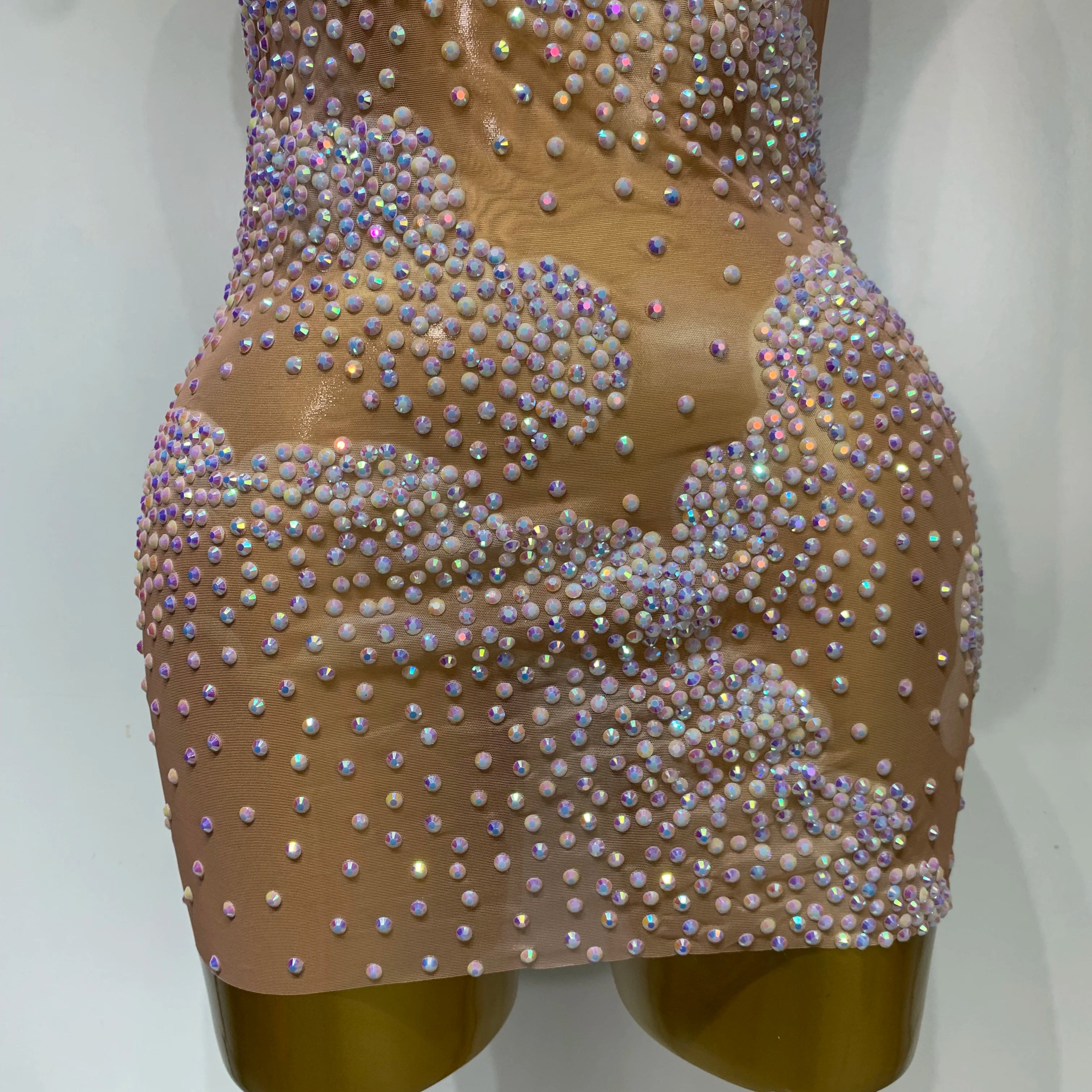 Women Sexy Mesh See Through Mini Dress Celebrate Birthday Evening Party Dress Luxury Rhinestones Stage Performance  Costume