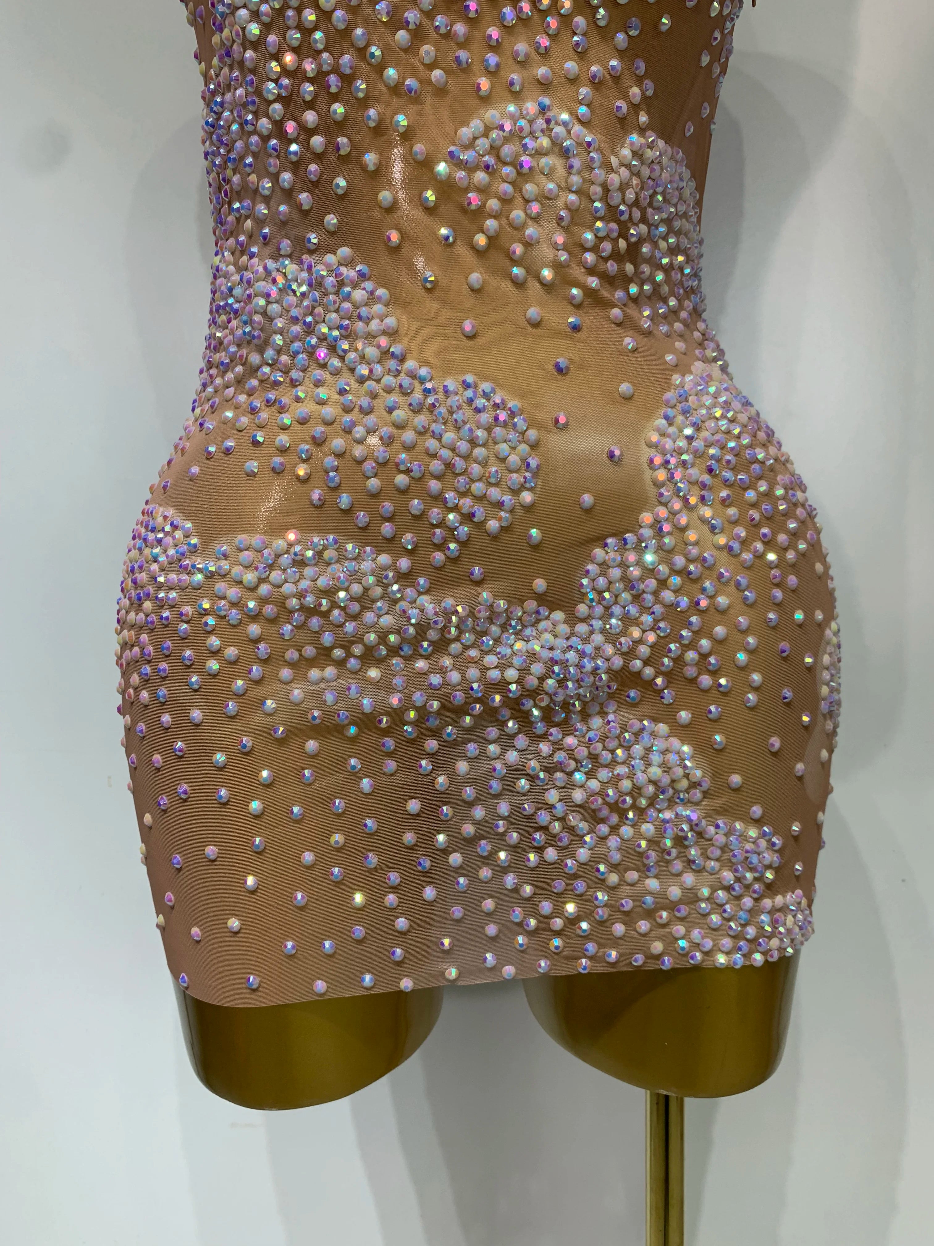 Women Sexy Mesh See Through Mini Dress Celebrate Birthday Evening Party Dress Luxury Rhinestones Stage Performance  Costume