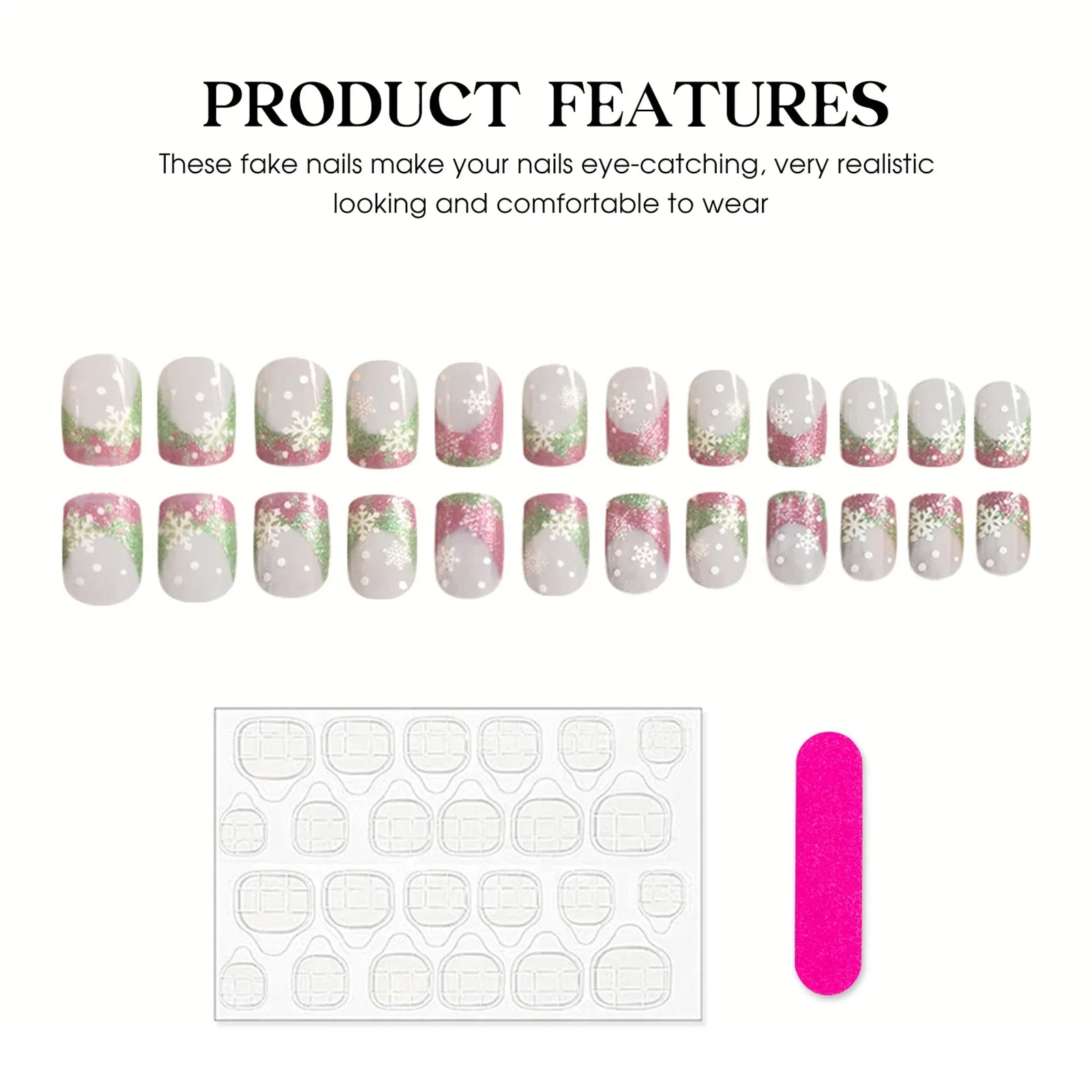 24Pcs Glossy Pink/Green Sequins French False Nails Nude Color Short Square Press On Nails Snowflake Printed Christmas Fake Nails