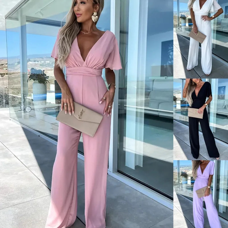 Spring Summer New V-Neck Casual Loose Resort Wide-legged Jumpsuit Women  Jump Suits for Women
